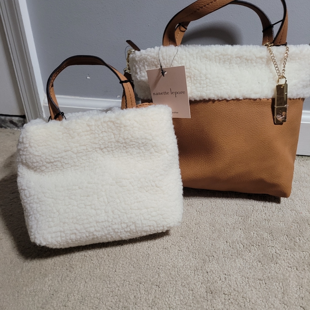 2 Nanette Lepore Vegan Best Friends Faux Fur Tote Handbag With Strap bundle